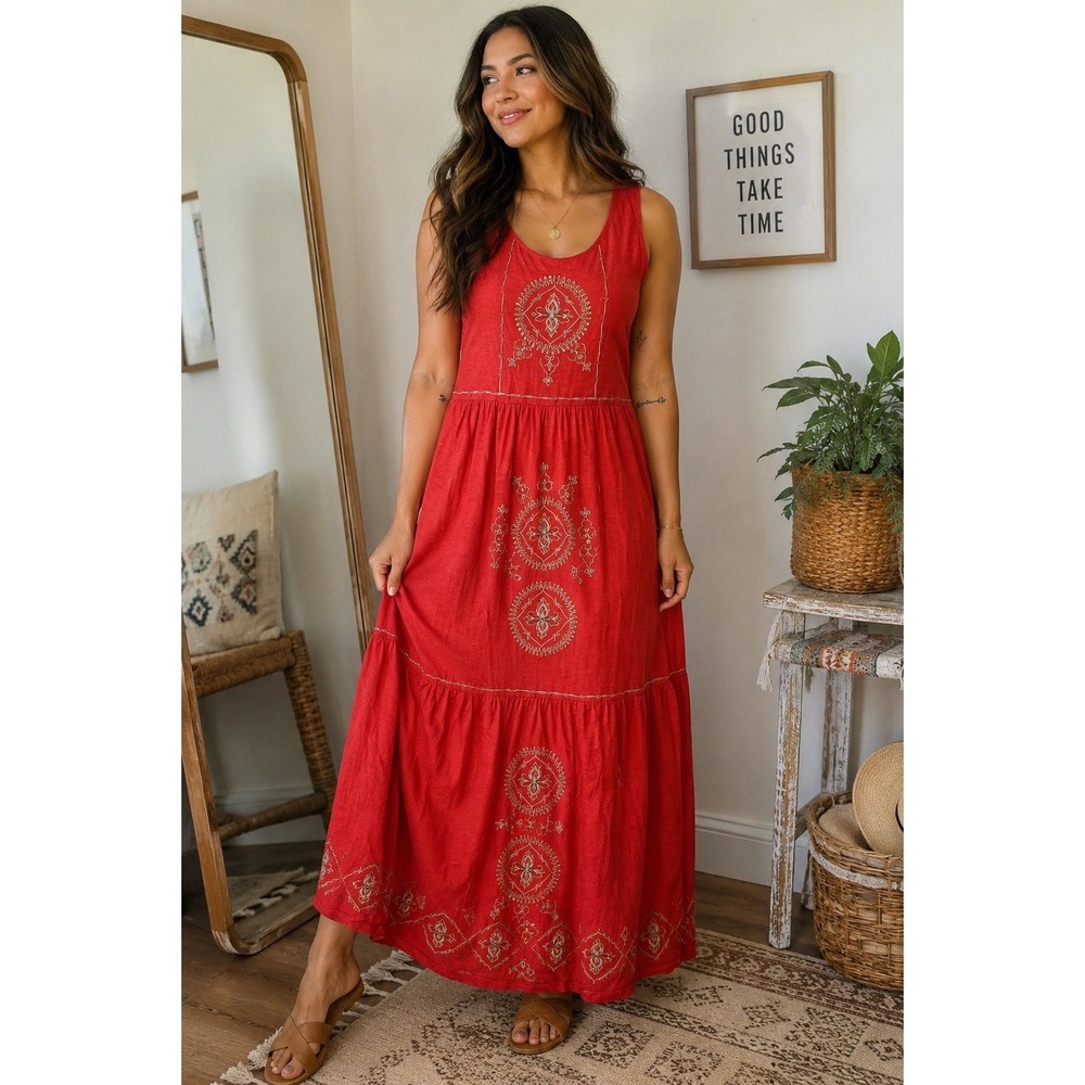 J Jill Coral Embroidered Maxi Dress Small Boho Tiered Cotton Modal Sequin